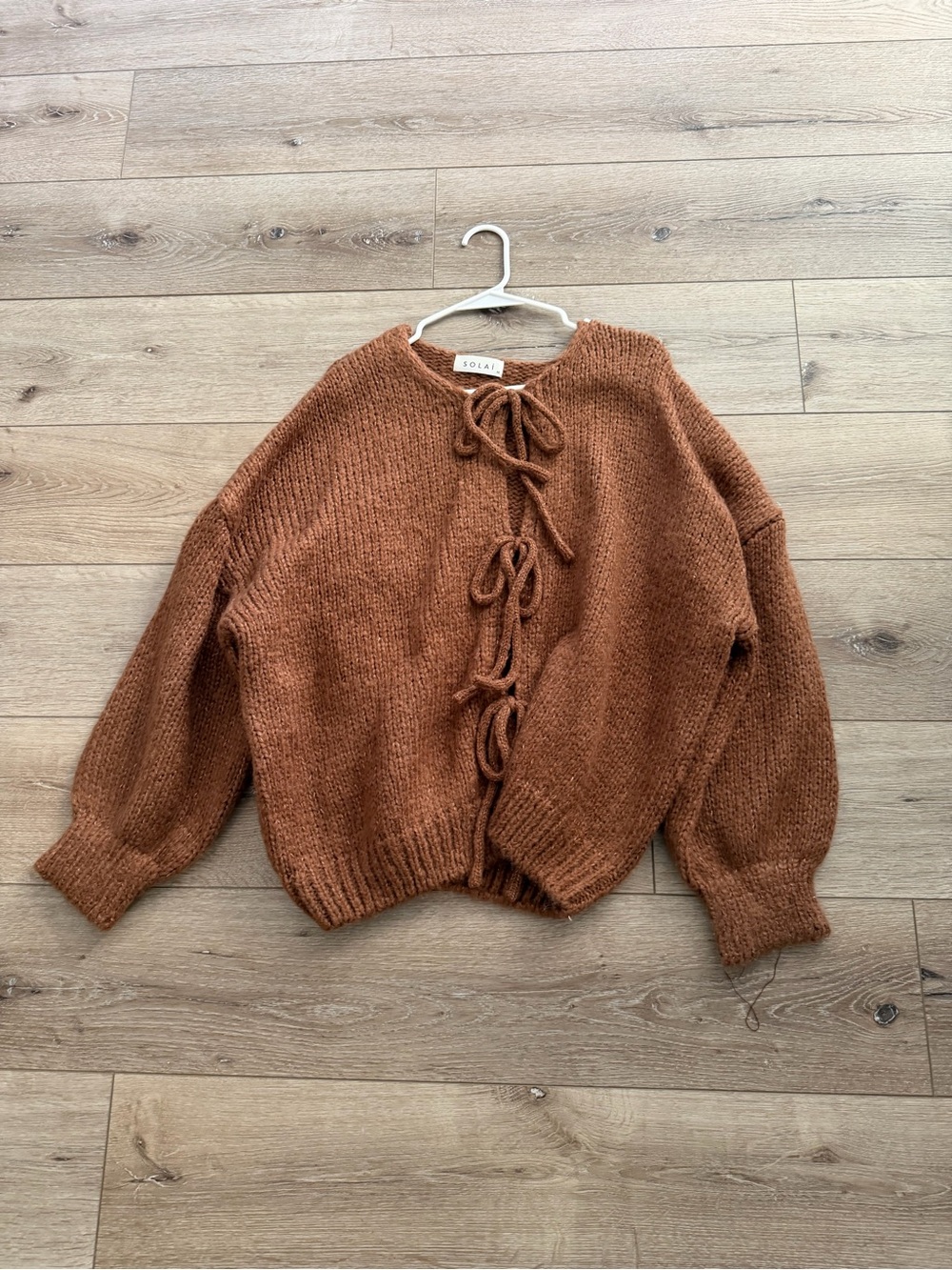 Soia Cozy Tie-Front Knit Cardigan in Rust Brown